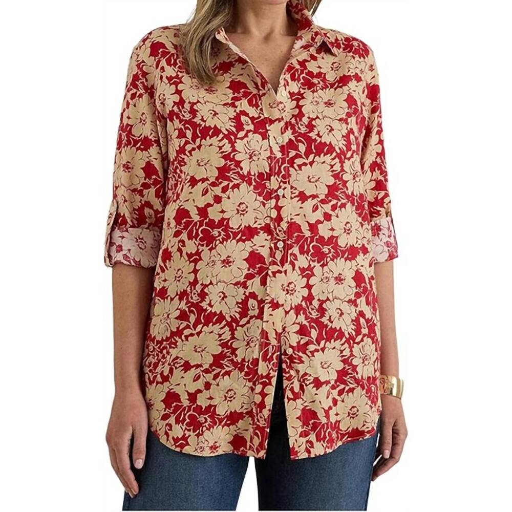 NEW RALPH LAUREN women's relaxed-fit floral linen shirt in red
